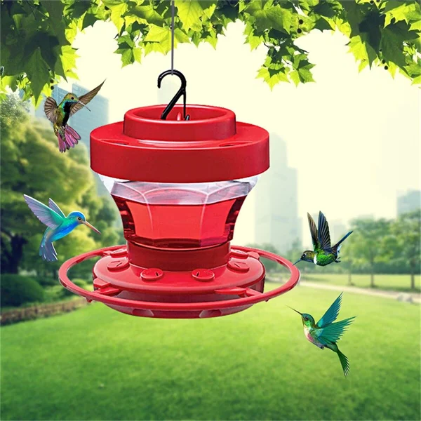 Red, bee-proof hummingbird feeder with perch, 16oz capacity. Attracts garden wildlife.
