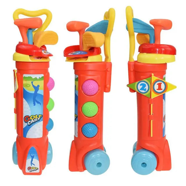Children's golf practice kit with clubs, balls, and holes. Enhances hand-eye coordination for active indoor/outdoor play.