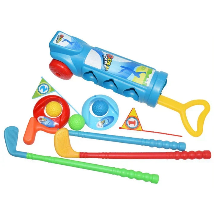 Beginner kids golf set in vibrant red & blue. Ideal practice kit for young children to learn golf indoors or outdoors.