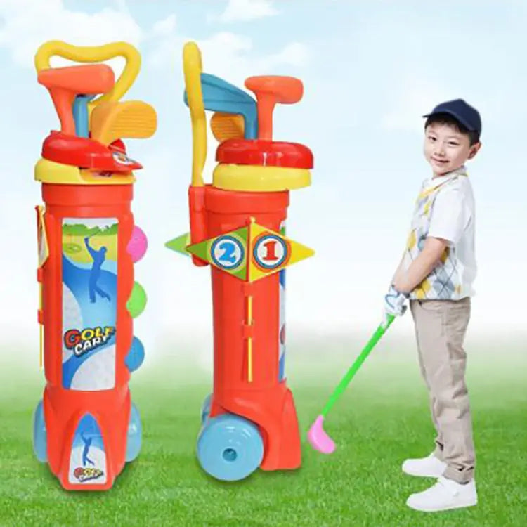 Indoor children's golf practice kit with safe, lightweight clubs. Red & blue active toys for hand-eye coordination development.