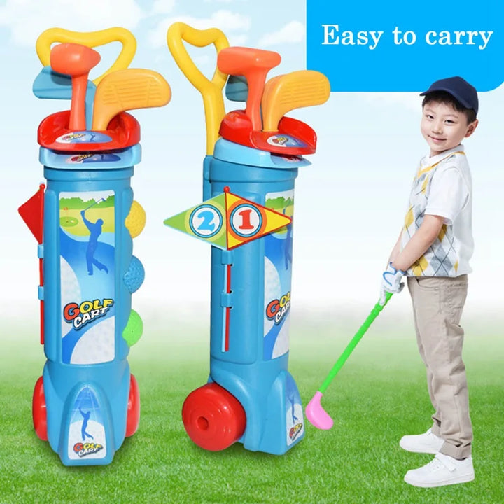Complete kids' golf set for family fun, featuring red & blue clubs. Great practice kit for beginner indoor and outdoor play.