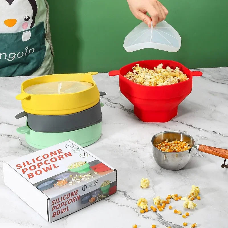Red CrispyPop silicone microwave popcorn maker bowl. Reusable, healthy, and eco-friendly kitchen snack solution.