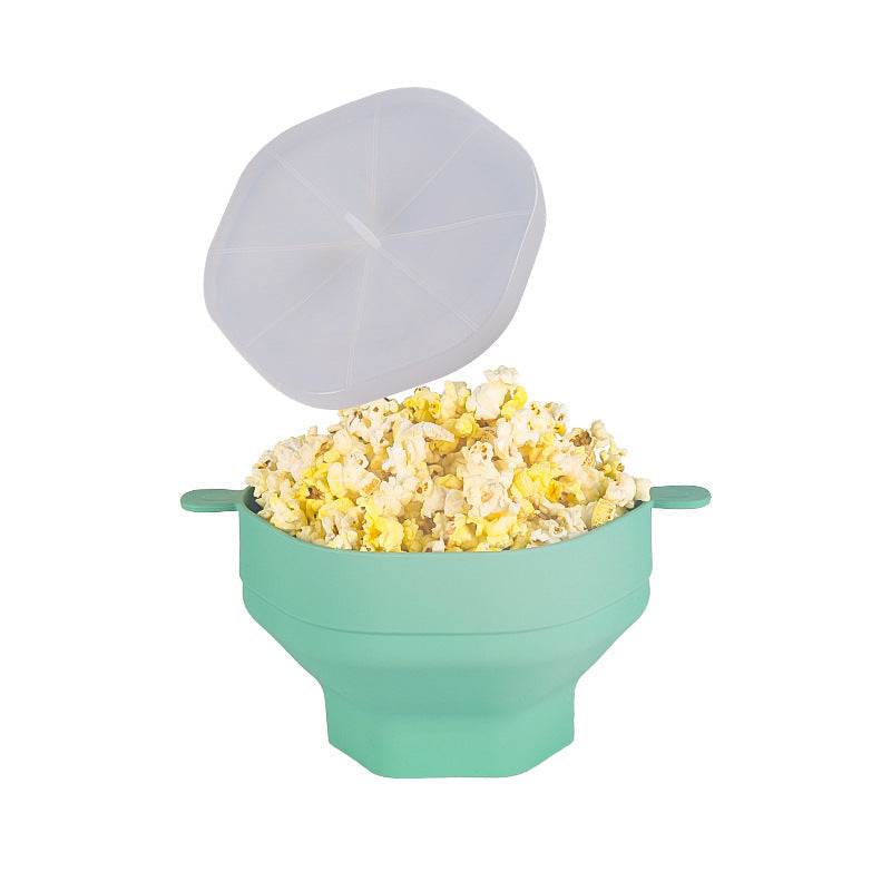 Collapsible silicone microwave popcorn bowl for easy storage. Reusable, healthy, convenient kitchen snack maker.