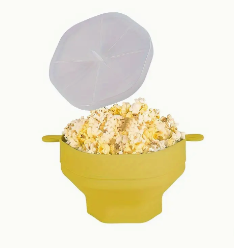 Healthy microwave popcorn maker. Oil-free silicone bowl for quick, crispy, homemade snacks. Reusable kitchen essential.