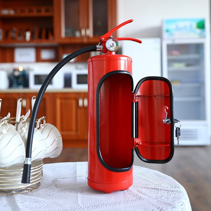 Red fire extinguisher drink holder. Stylish design for wine, champagne, or whiskey. Unique bar accessory.