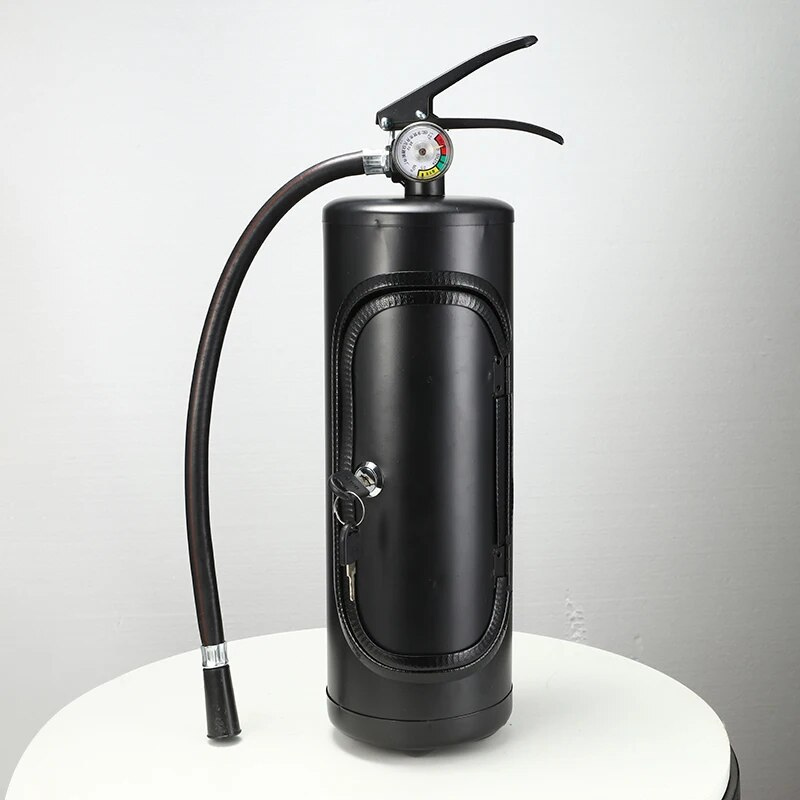 Fun red fire extinguisher drink holder for parties & entertaining. Ideal as a whiskey or wine bottle stand.