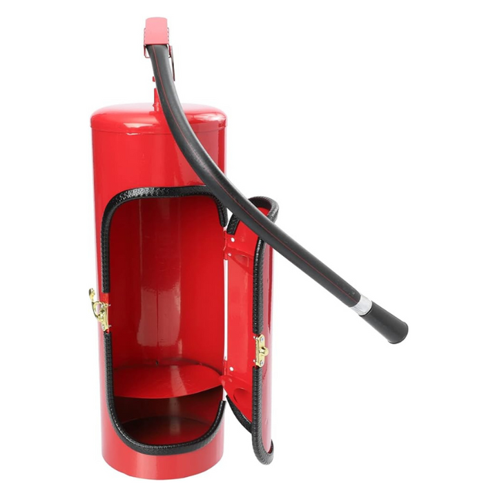 Stylish red & black iron plastic fire extinguisher bottle stand. Perfect novelty decor for your home bar.