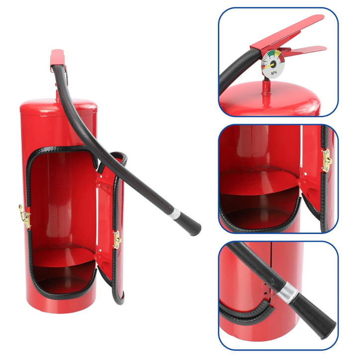 Creative fire extinguisher bar accessory for displaying wine bottles, champagne, or whiskey. Great for home bar.