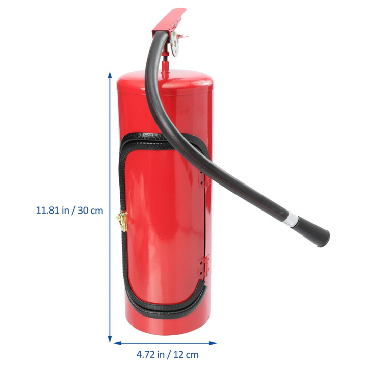 Artistic red & black fire extinguisher shaped bottle stand. A unique and functional home bar decor piece.