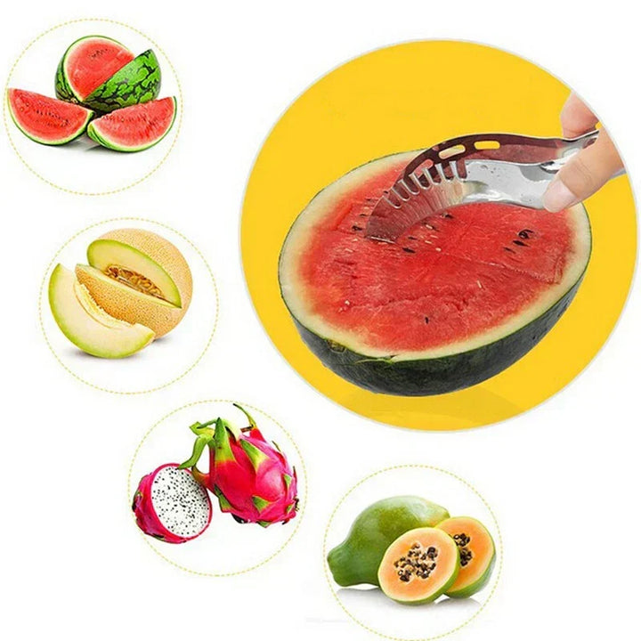 Top-down view of the silver FruitFlow fruit slicer, perfect gadget for quick & easy kitchen prep.