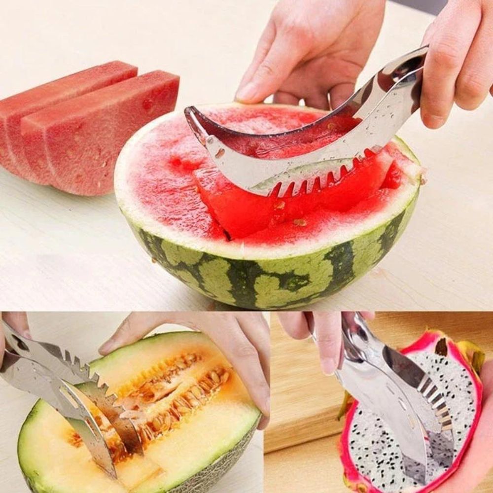 Stainless steel FruitFlow fruit slicer, designed for fast, clean cuts for healthy fruit salads & snacks.