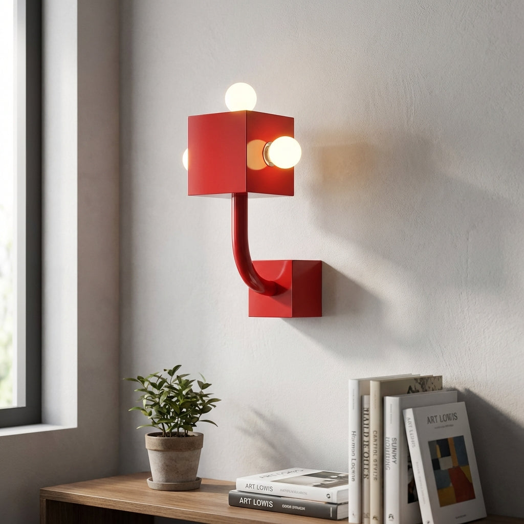 Red geometric 3-bulb wall sconce, modern CubiLuxe decorative fixture for ambient living room lighting