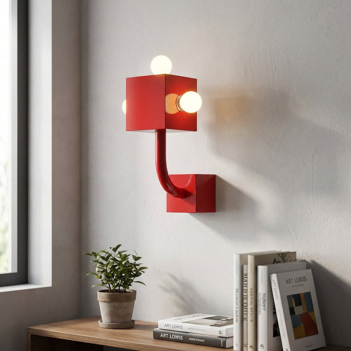 Red geometric 3-bulb wall sconce, modern CubiLuxe decorative fixture for ambient living room lighting