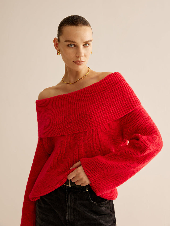 Red off-shoulder knit sweater for women. Cozy & trendy long-sleeve top, perfect for fall and winter fashion.