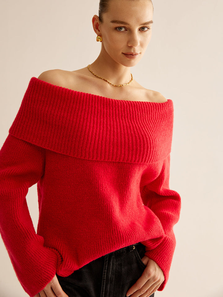 Elegant women's red off-shoulder knit sweater. Versatile long-sleeve top, ideal for casual or chic fall/winter outfits.