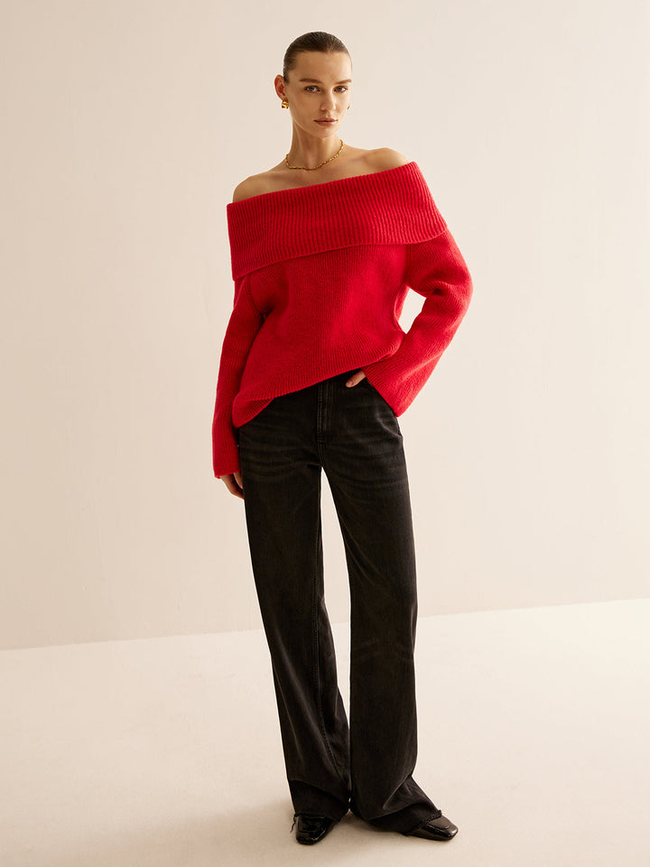 Cozy red off-shoulder knit sweater for women. Stylish long-sleeve top, a trendy and comfortable piece for winter fashion.