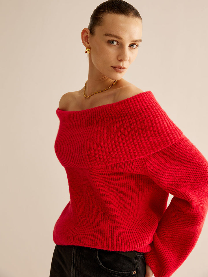 Women's red off-shoulder knit sweater. Perfect long-sleeve top for a cozy fall outfit or elegant winter look.