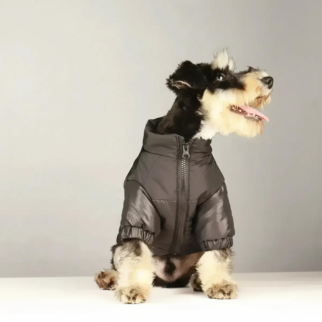 Close-up of a black down-filled dog jacket, cozy winter pet wear, adjustable for small/large dogs