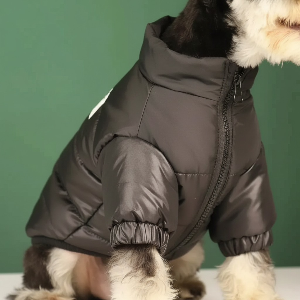 Golden retriever wearing a blue padded dog winter jacket, outdoor warm pet coat fashion
