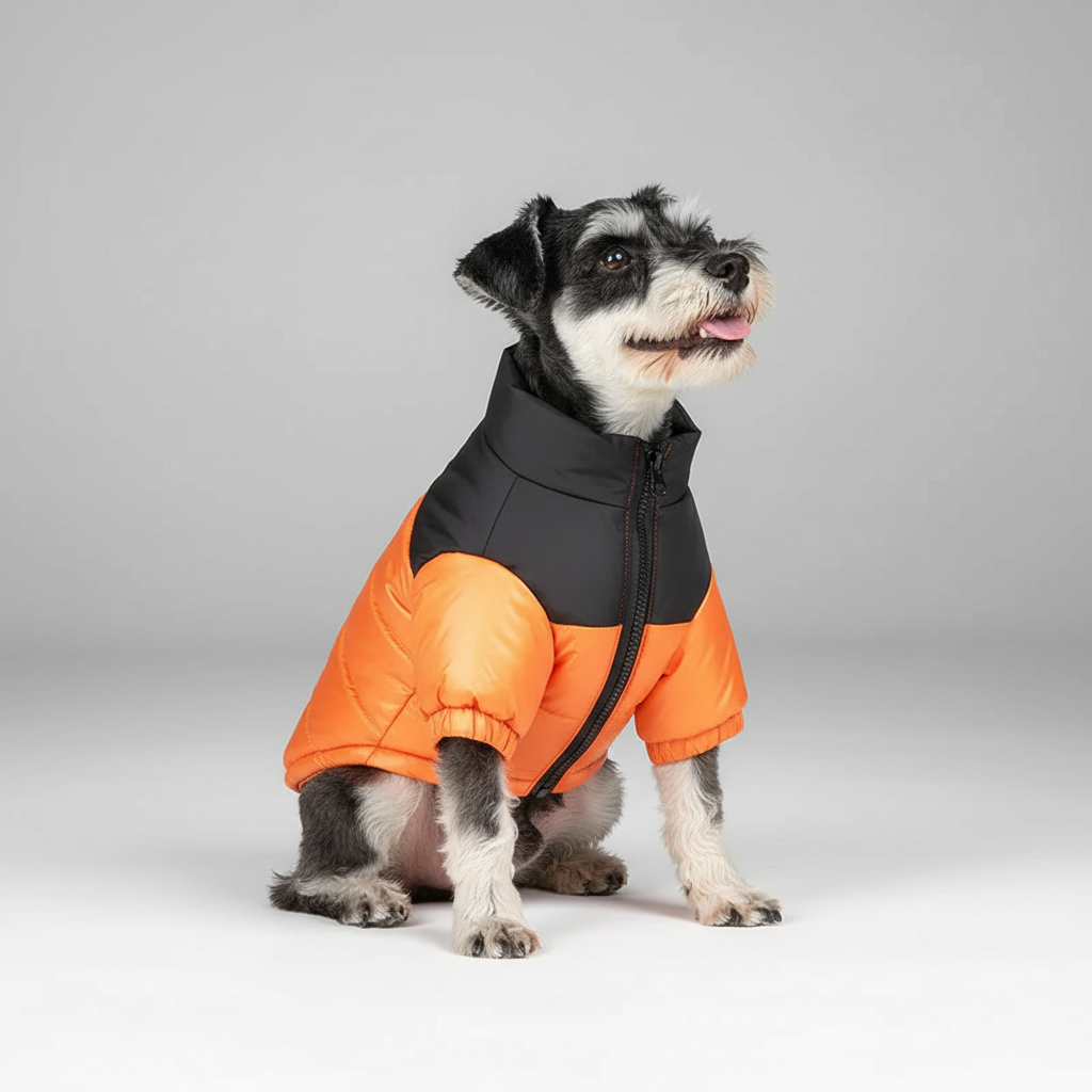 Dog padded winter jacket displayed flat, showing down-filled lining and adjustable straps, pet coat