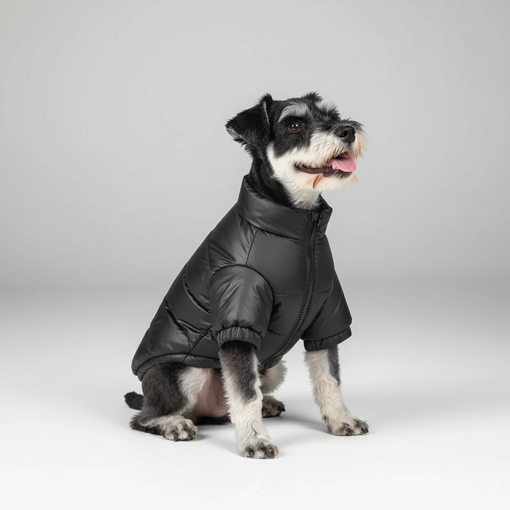 Small dog wearing a green padded winter pet coat, fashionable dog jacket for cold days
