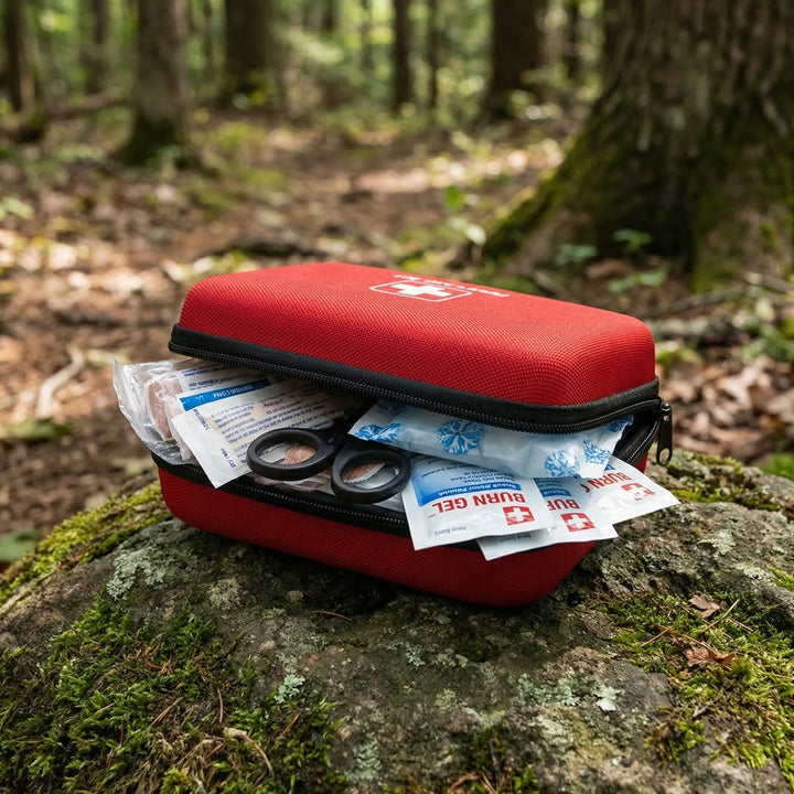 Red portable outdoor first aid kit with carabiner clip, ideal for camping, hiking, and travel emergencies.