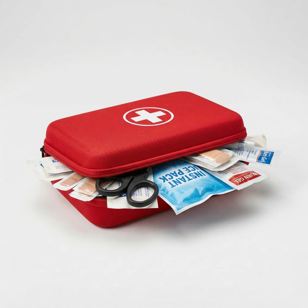 Compact red first aid emergency kit, portable for outdoor survival, with essential medical supplies.