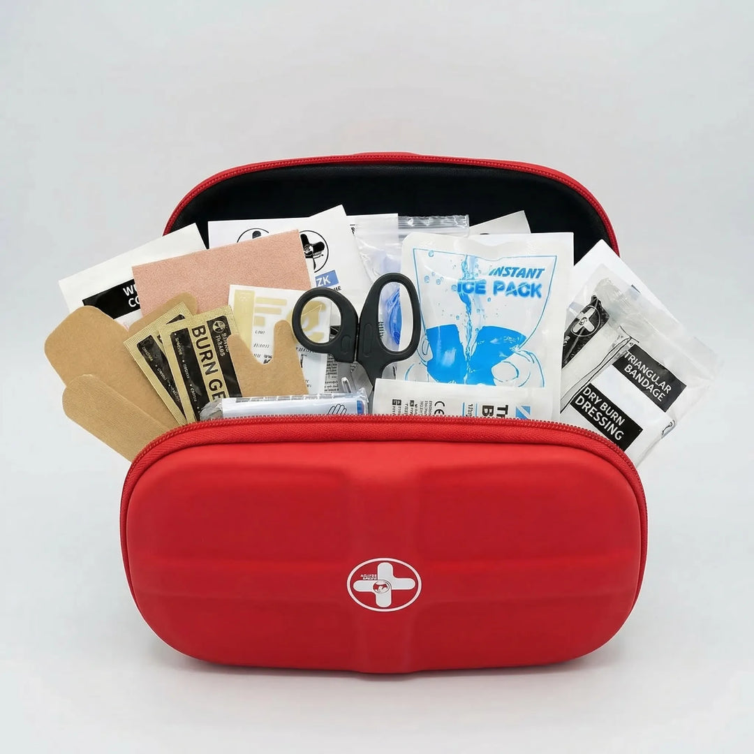 Essential portable first aid kit for outdoor survival, camping, hiking, and travel emergency preparedness.