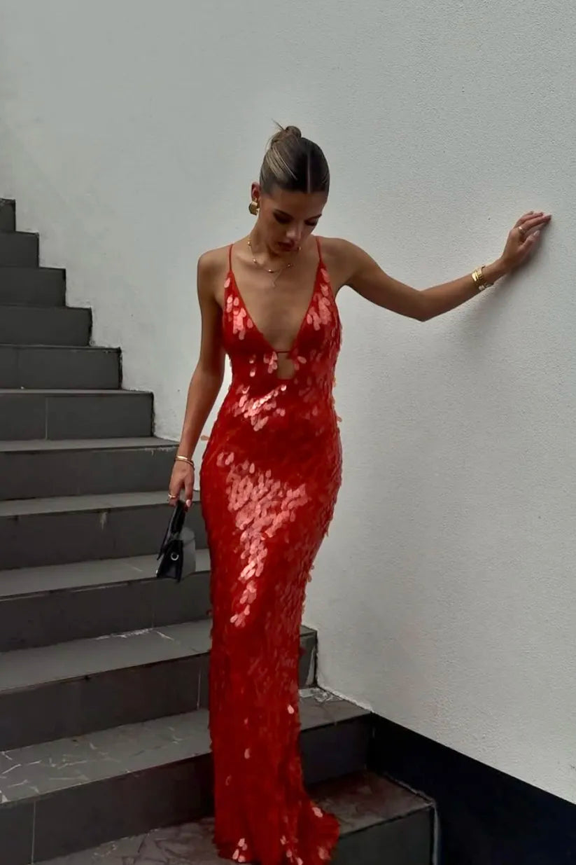 Red sequin backless mermaid dress for homecoming or prom. Shimmering formal evening gown for women.
