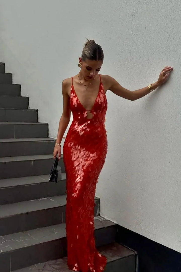 Red sequin backless mermaid dress for homecoming or prom. Shimmering formal evening gown for women.