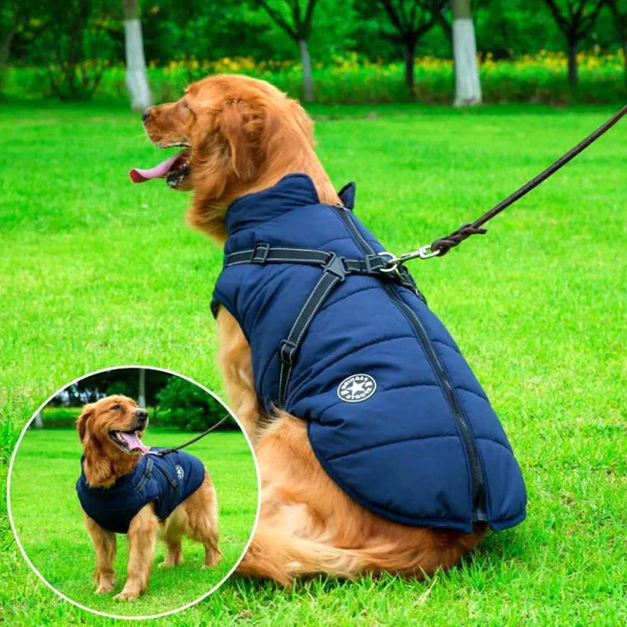 Reflective waterproof pet coat with built-in harness, ideal for dog safety in winter. Warm sherpa-fleece lining.
