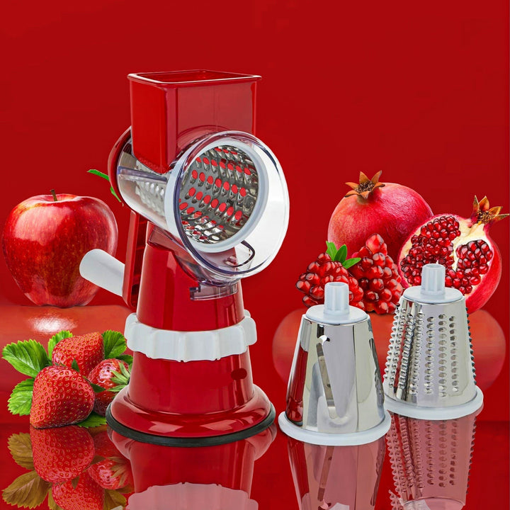 Red & white multifunctional vegetable slicer & chopper for quick meal prep. Innovative kitchen tool.