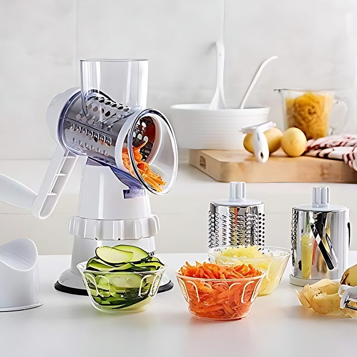 Innovative vegetable slicer & chopper in red/white plastic, perfect for efficient home kitchen meal preparation.