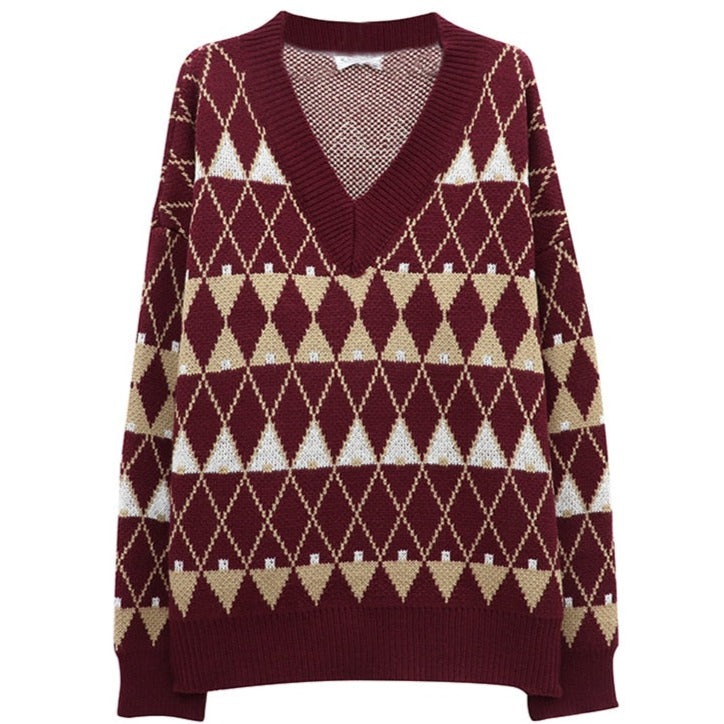 Red women's loose fit aesthetic pullover sweater. Chic everyday long sleeve top for casual wear & comfortable fashion.