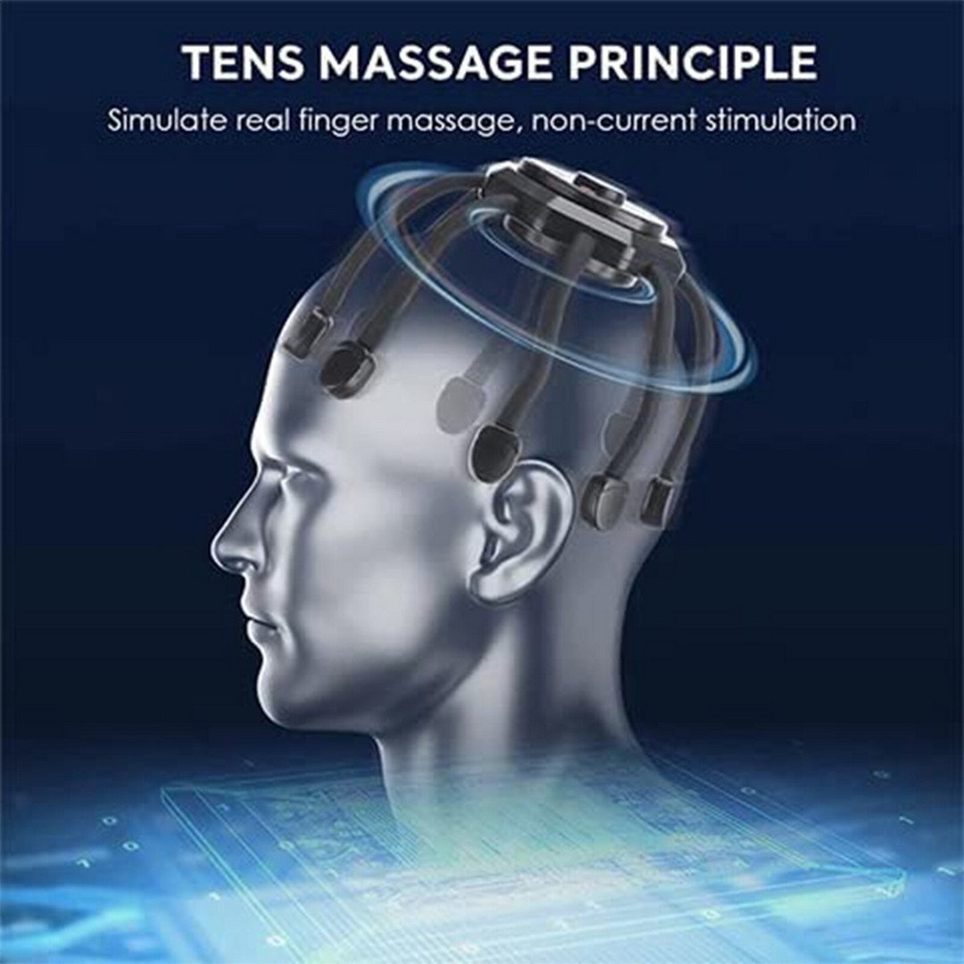 User enjoying a blissful head massage with the innovative electric scalp massager device.