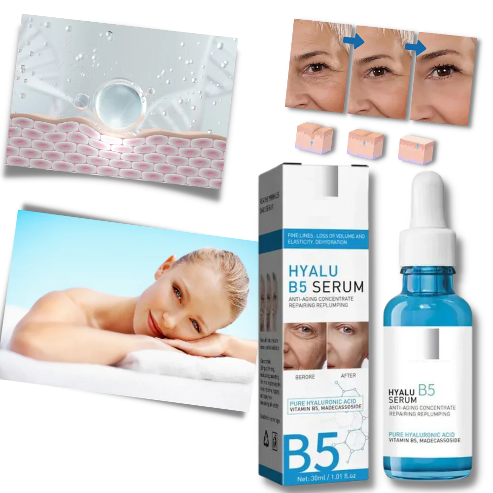 Anti-aging face serum with Hyaluronic Acid & B5. Boosts hydration & improves skin texture for beauty.