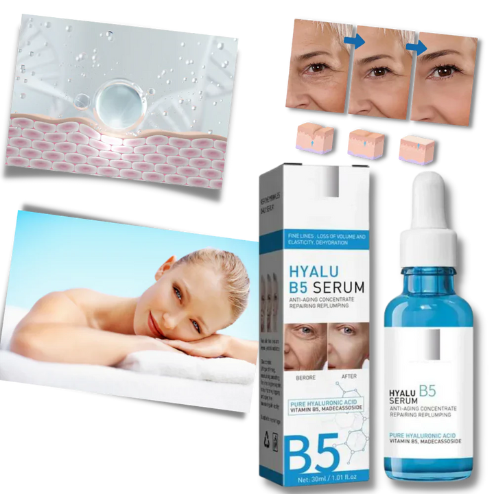 Anti-aging face serum with Hyaluronic Acid & B5. Boosts hydration & improves skin texture for beauty.
