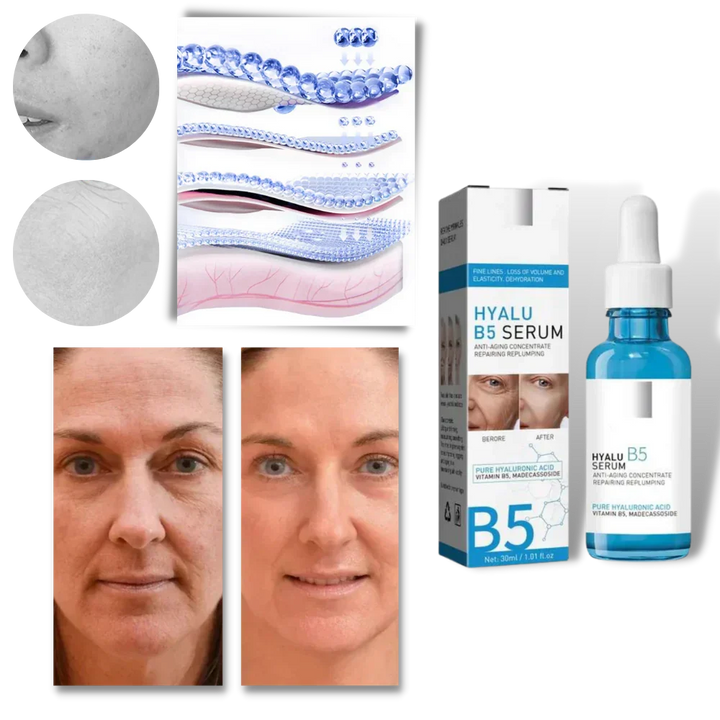 Powerful hydrating face serum with Hyaluronic Acid & B5 for youthful, smooth, and radiant skin.