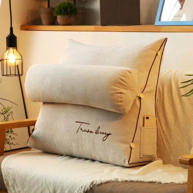 Close-up of Relaxa wedge back support cushion fabric, emphasizing ergonomic design and lumbar support