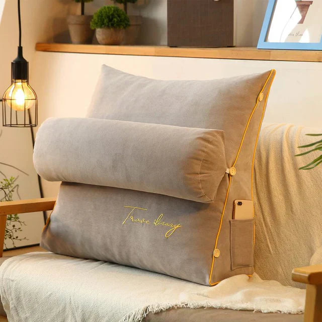 Relaxa wedge cushion shown correcting posture in a desk chair, enhancing seating comfort