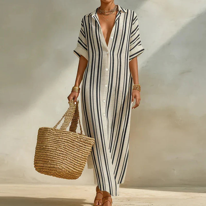 Relaxed fit women's striped long shirt dress, perfect for summer casual wear & vacation. Comfortable V-neck style.