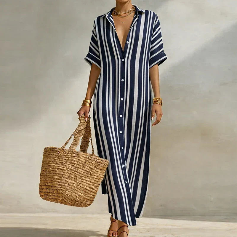 Striped long shirt dress for women with three-quarter sleeves & V-neck, ideal for summer casual and everyday style.