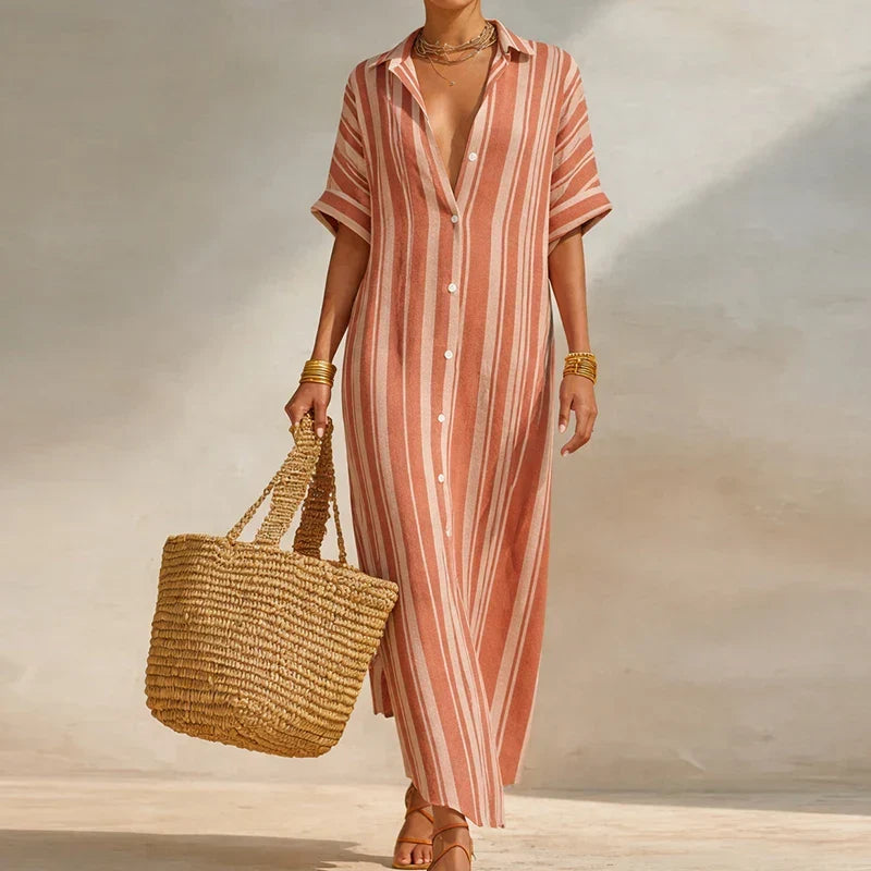 Comfortable women's striped long summer dress. Perfect casual V-neck shirt dress for vacation or everyday wear.