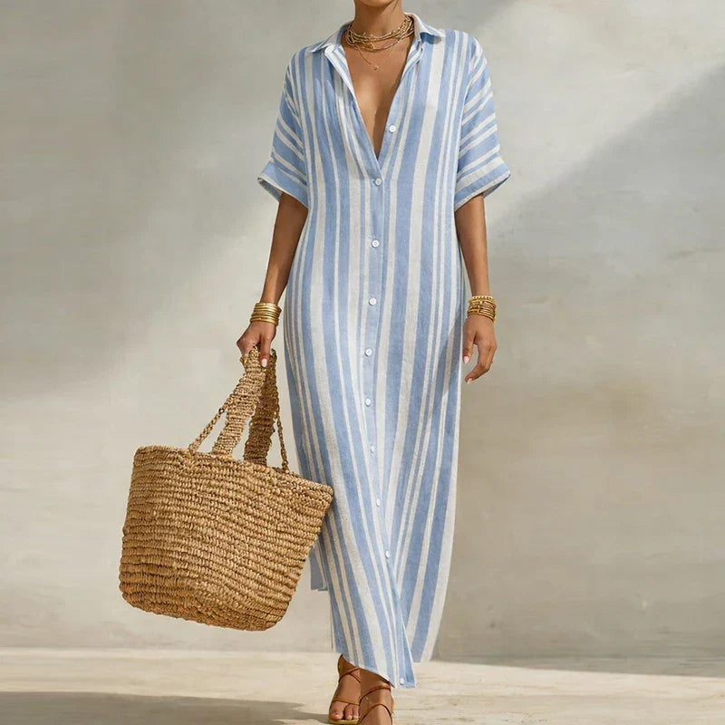 Effortless striped long maxi shirt dress for women. Stylish and casual with a relaxed fit, great for summer.