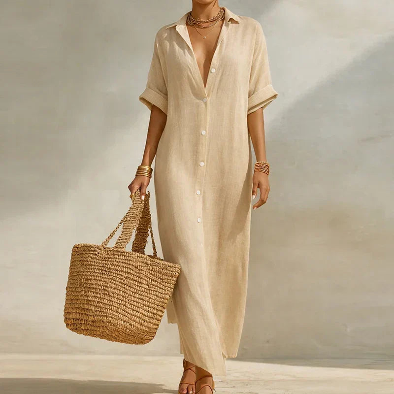 Stylish women's striped V-neck shirt dress with 3/4 sleeves. A versatile long summer dress for casual or vacation.