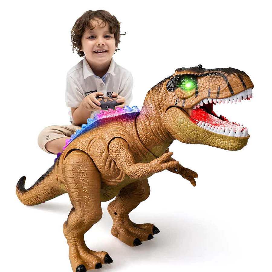 Remote control T-Rex dinosaur toy for kids with walking, roaring sounds & LED eyes.