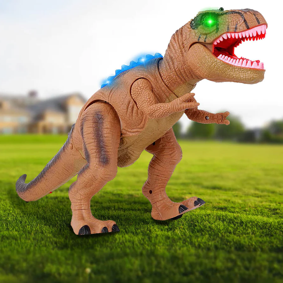 Fun RC T-Rex dinosaur toy with realistic walking, roaring sounds and bright LED illumination.