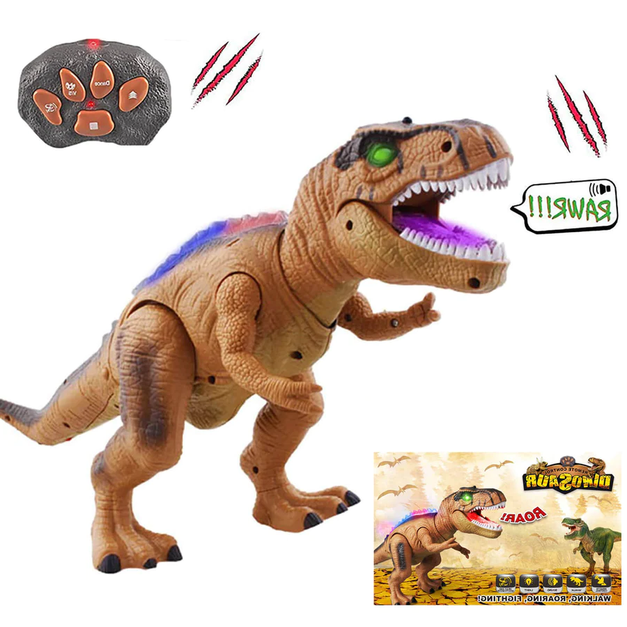 Realistic walking T-Rex dinosaur with remote control, roaring sound effects & LED lights.