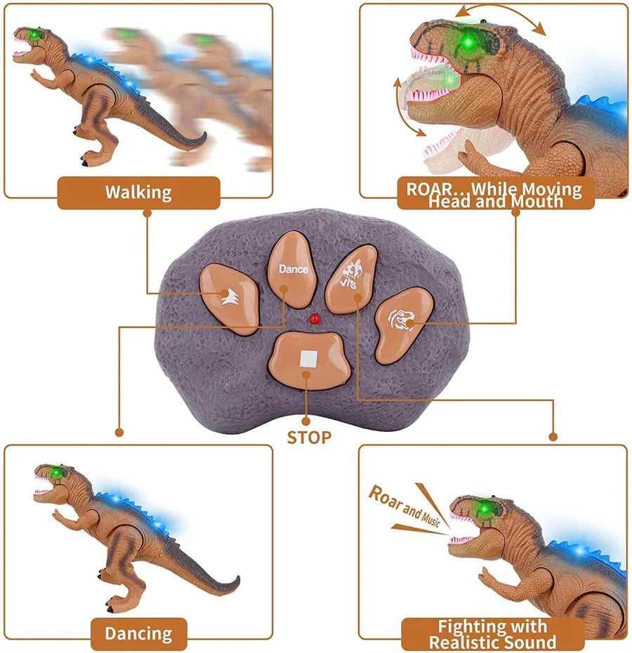 Electronic T-Rex dinosaur toy, remote controlled with walking action, roaring sounds & LED eyes.