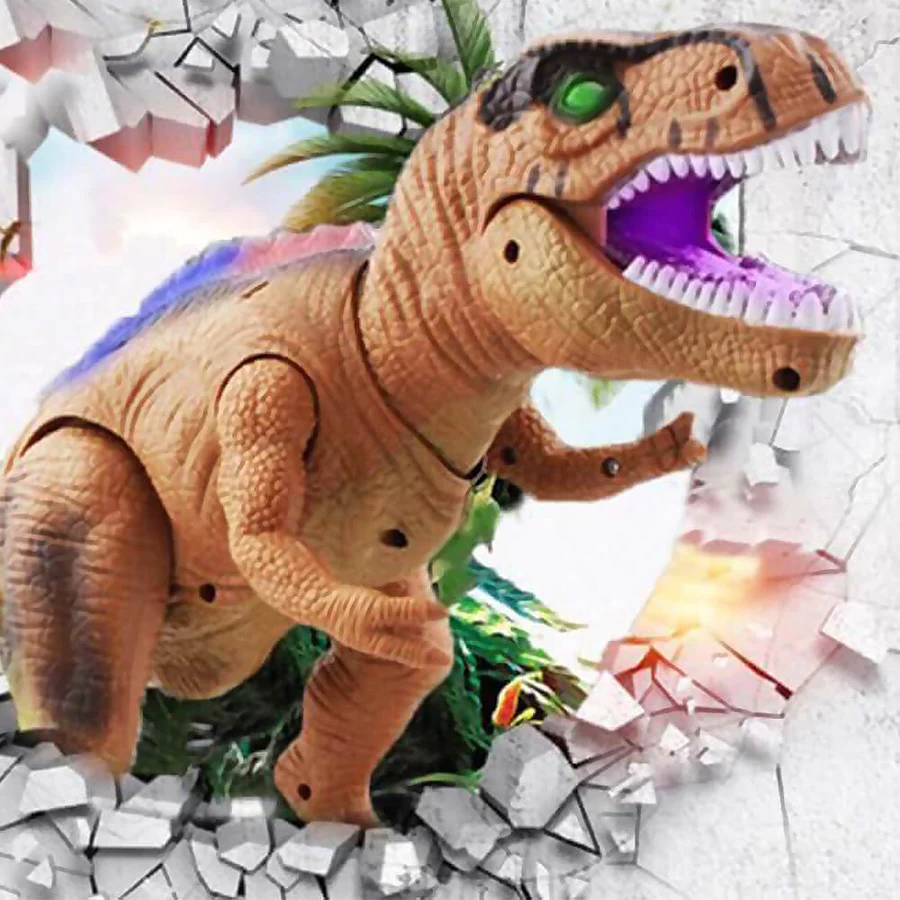 Electronic T-Rex dinosaur toy, controlled by remote, walks, roars & has glowing LED eyes.